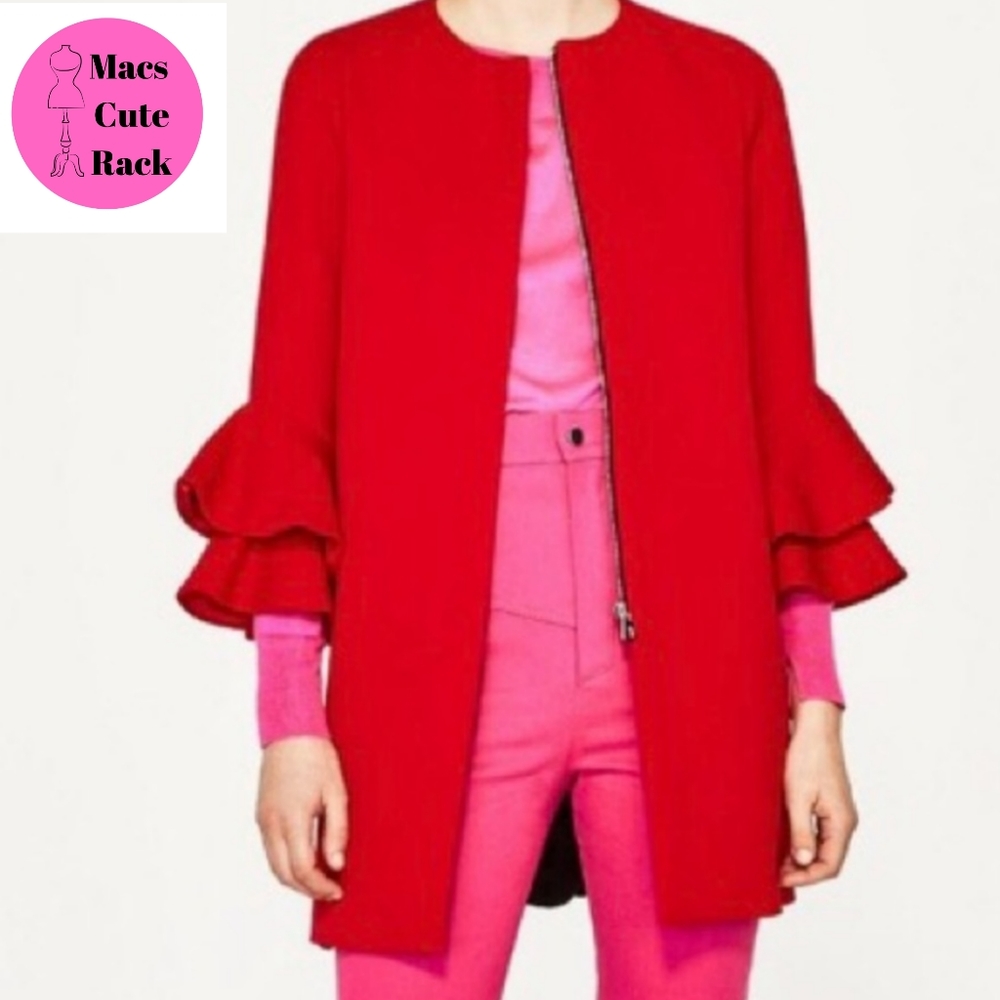 ZARA Ruffle Sleeve Red Trench Coat